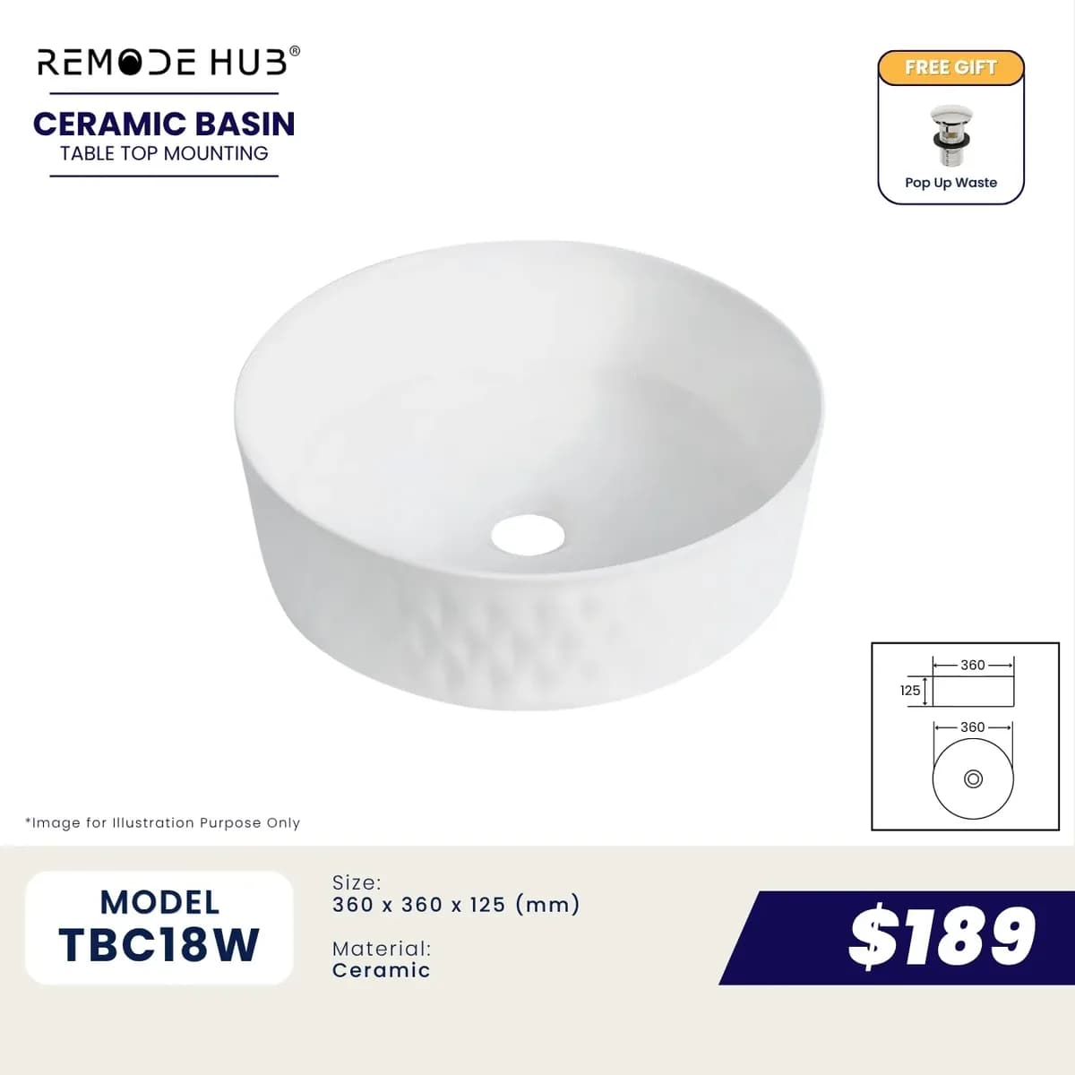 Remode Hub TBC18W Ceramic Basin
