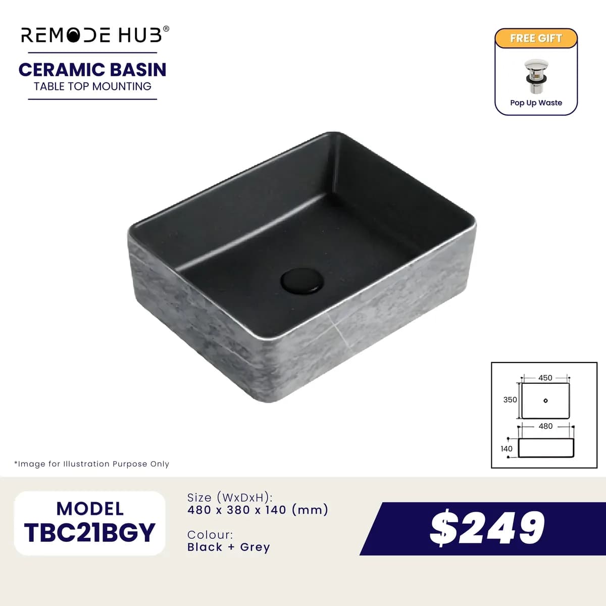 Remode Hub TBC21BGY Ceramic Basin