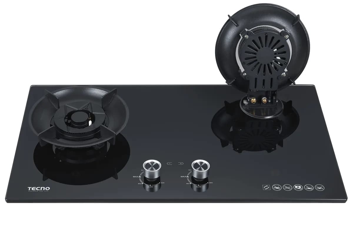 Tecno 2-Burner 76cm Glass Hob with Flip-Up Burners & Timer T762FLIP-T