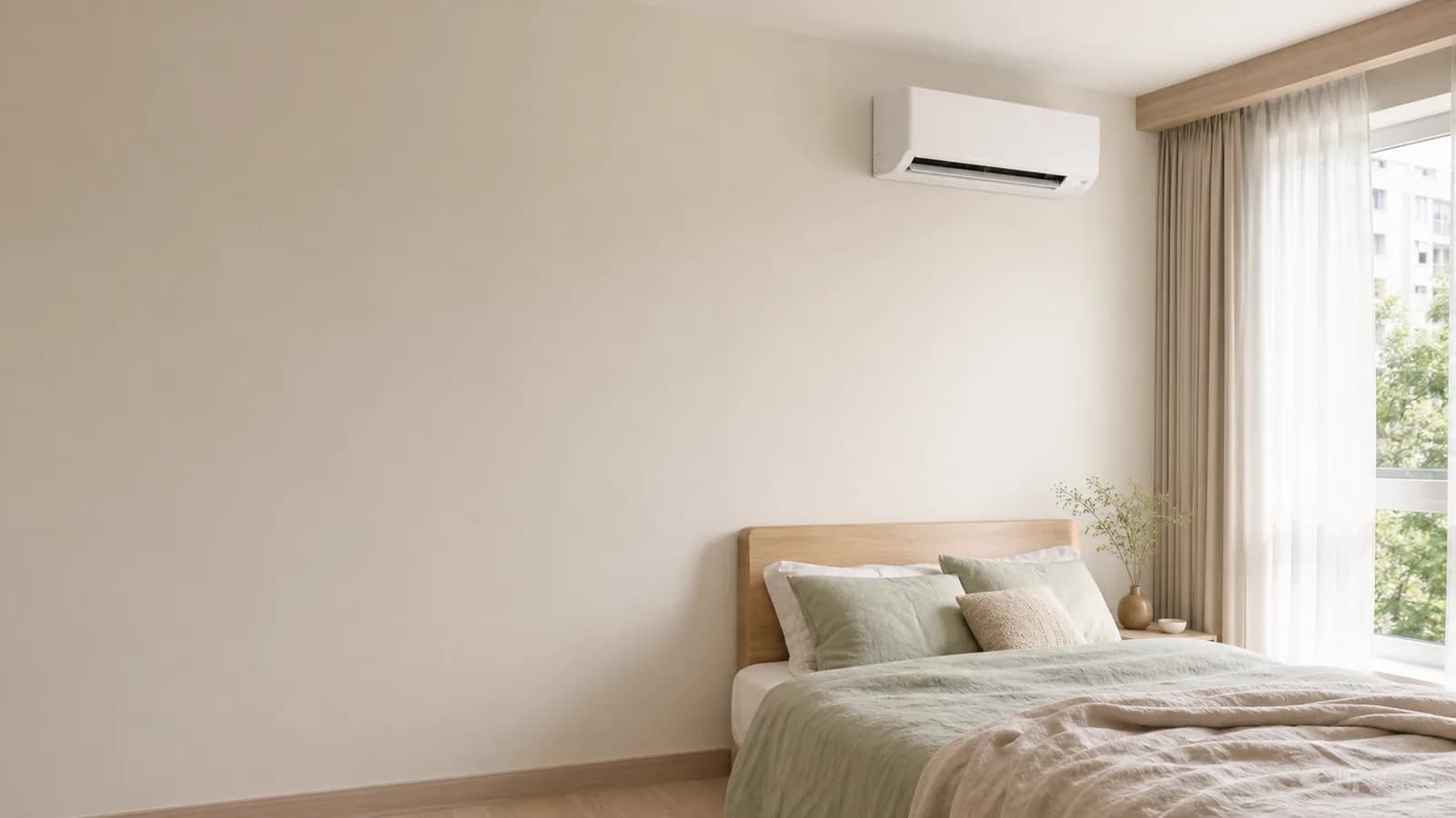 A calm bedroom with a sleek wall-mounted split air-conditioner in soft morning light