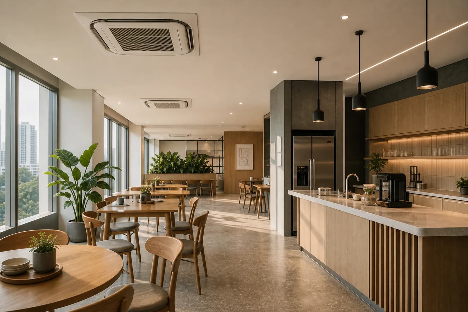 A clean modern Singapore F&B or office space with ceiling cassette air-conditioners