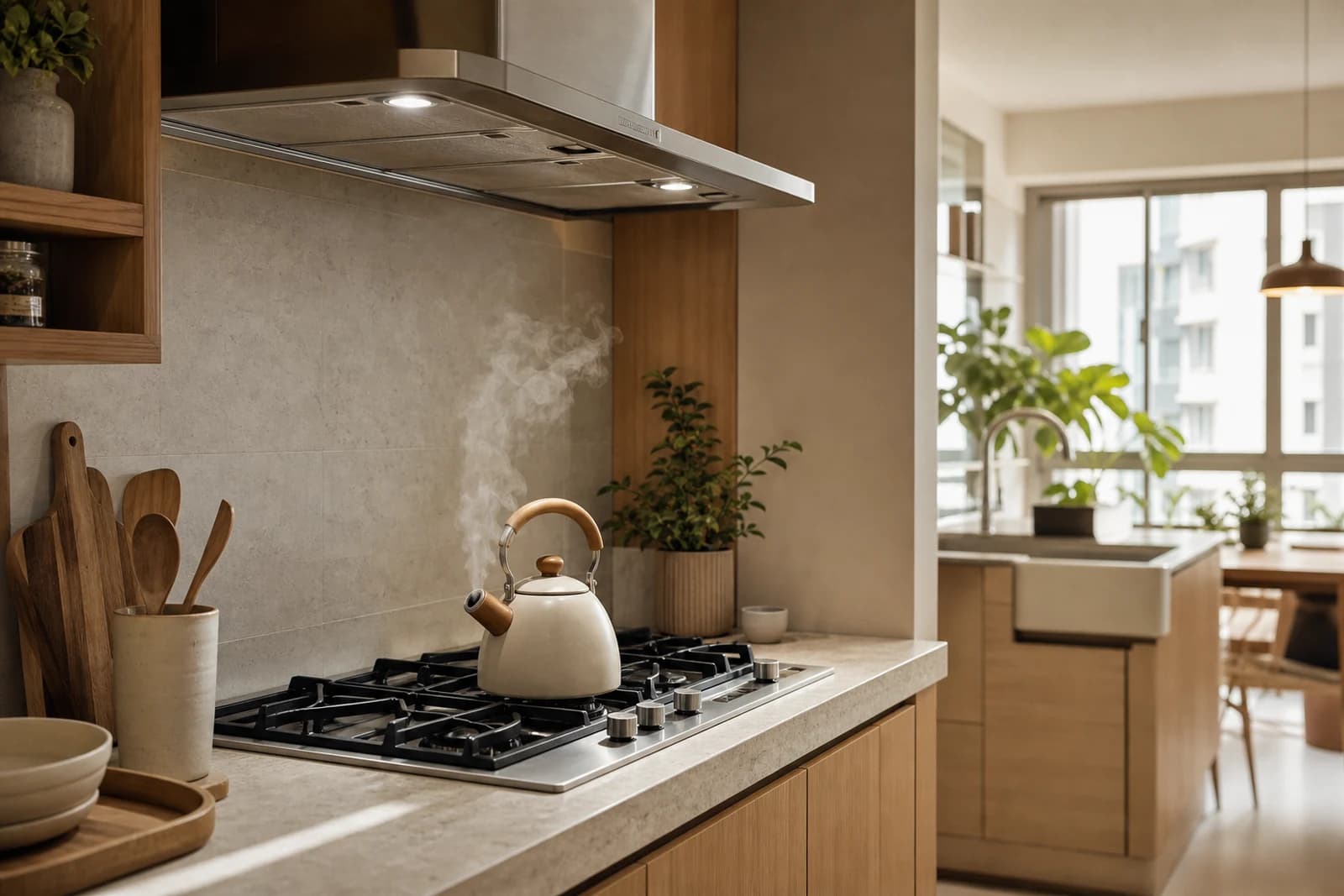 A bright, warm Singapore kitchen with a gas hob and steaming kettle