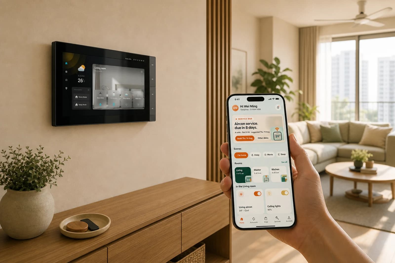 A bright Singapore living room with Almond One smart switches and sensors