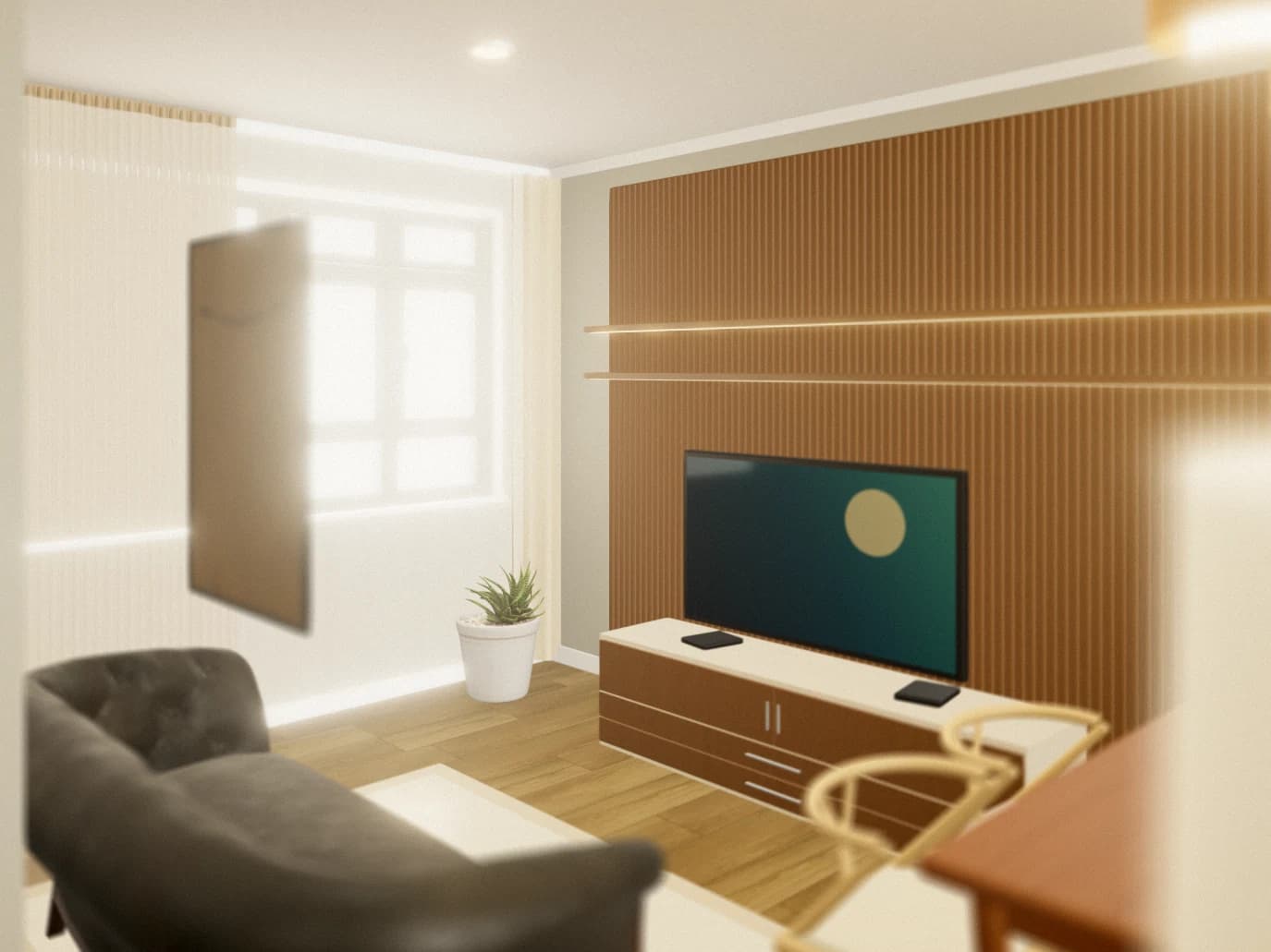 Final render from Almond Studio 3D: a Japandi living room with fluted feature wall and TV console