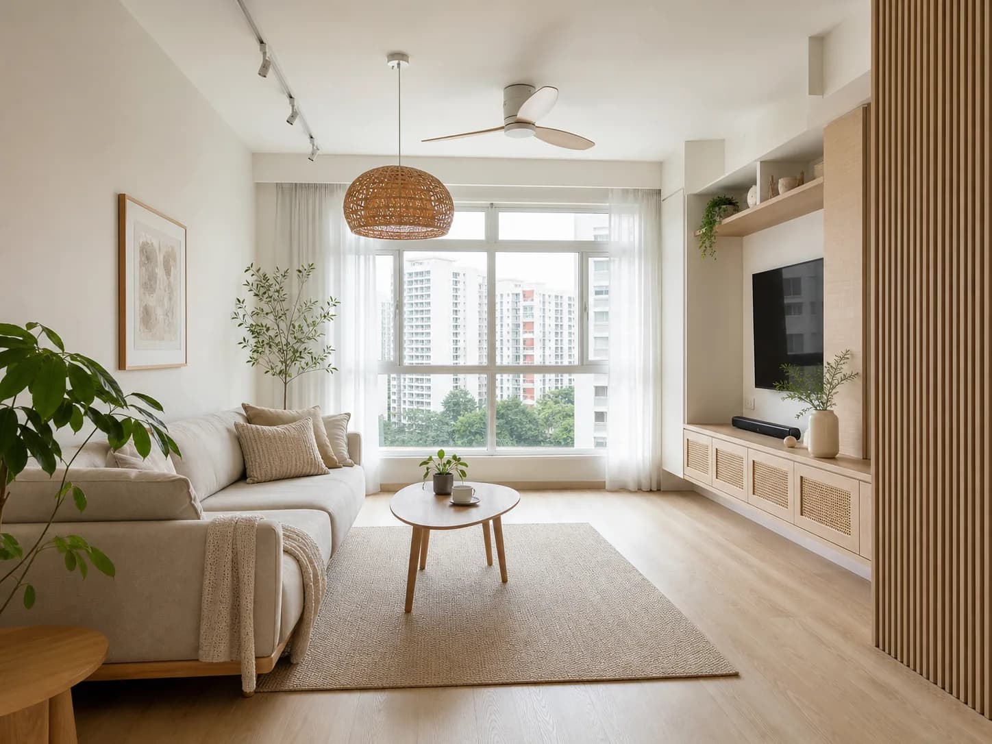 Bright, airy Singapore HDB living room in a warm minimalist renovation